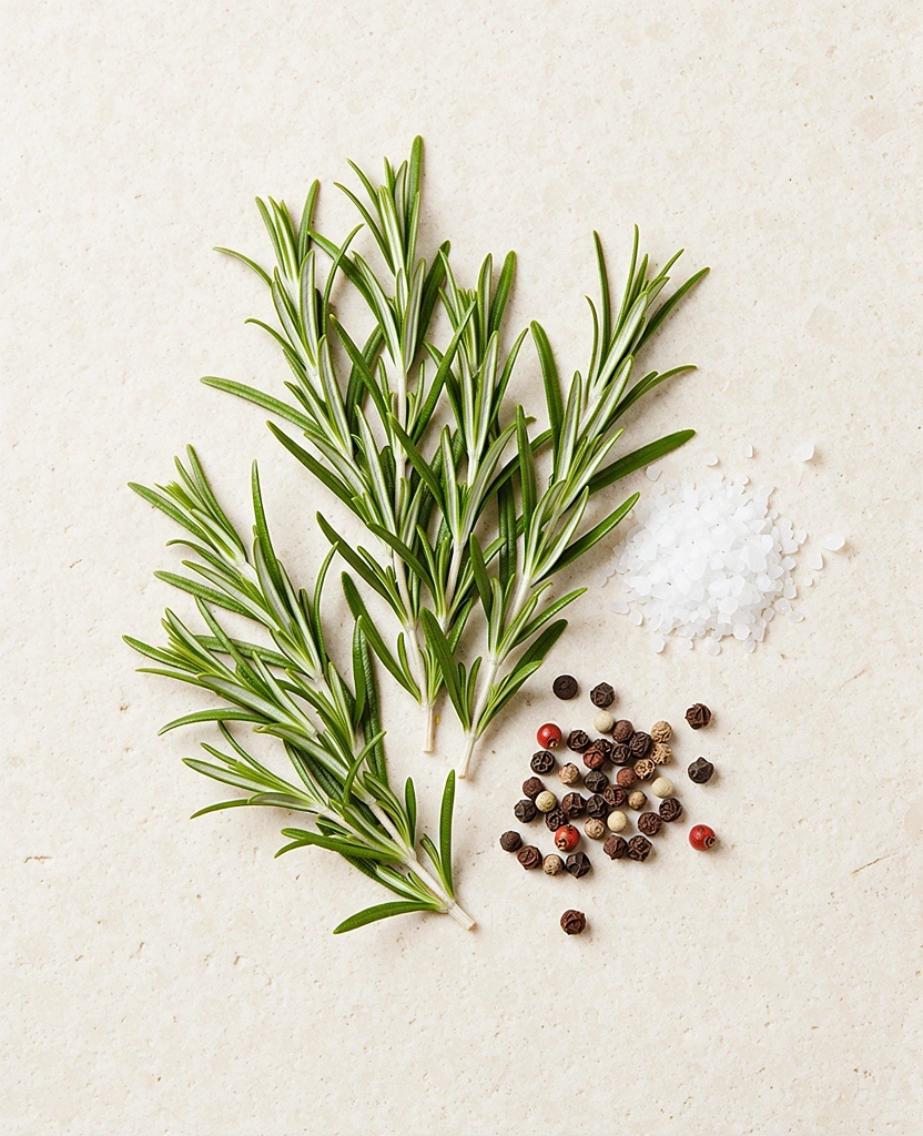 Frische Kräuter und Gewürze auf hellem Stein